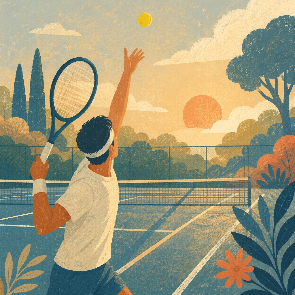 Golden Morning Tennis Serve on Court