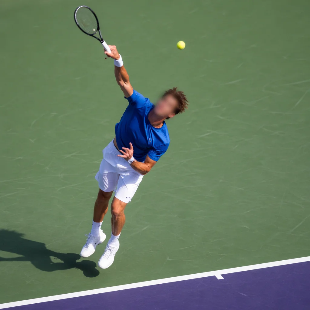 Tennis Player Mid-Serve on Outdoor Court