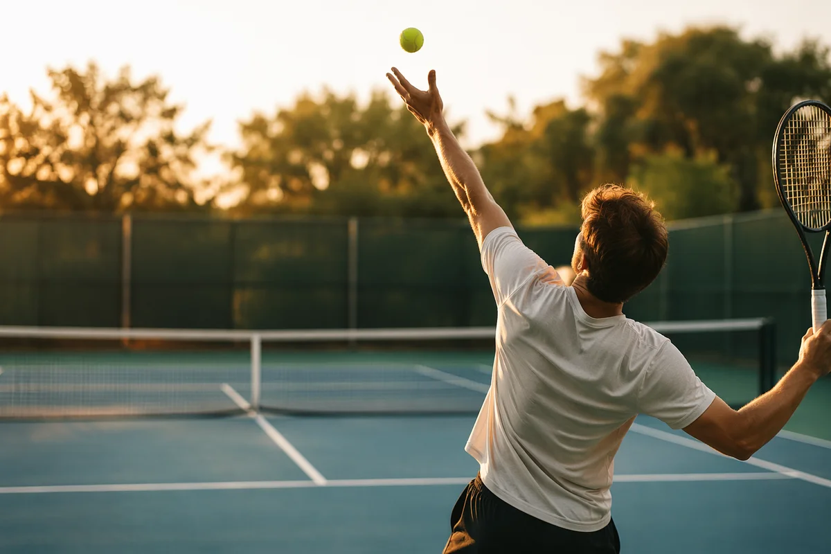 Golden Hour Tennis Serve on Outdoor Court