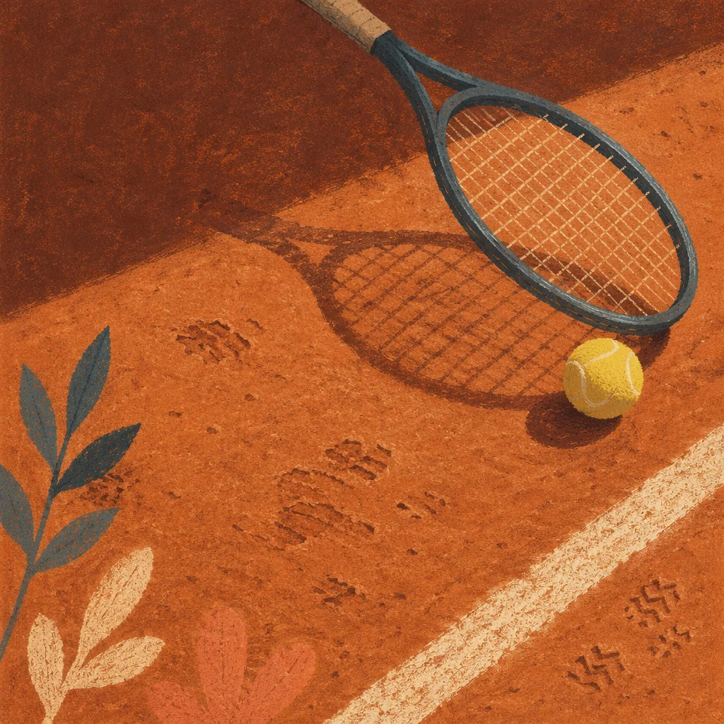 Tennis Racket and Ball on Clay Court