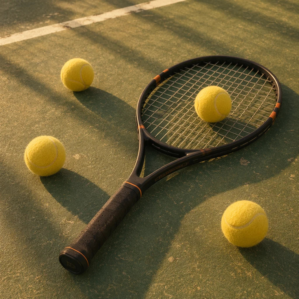 Tennis Racket and Balls on Court