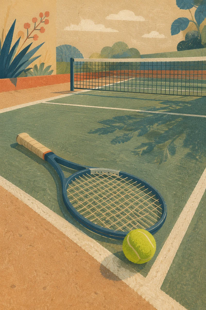 Tennis Racket and Ball on Court Line