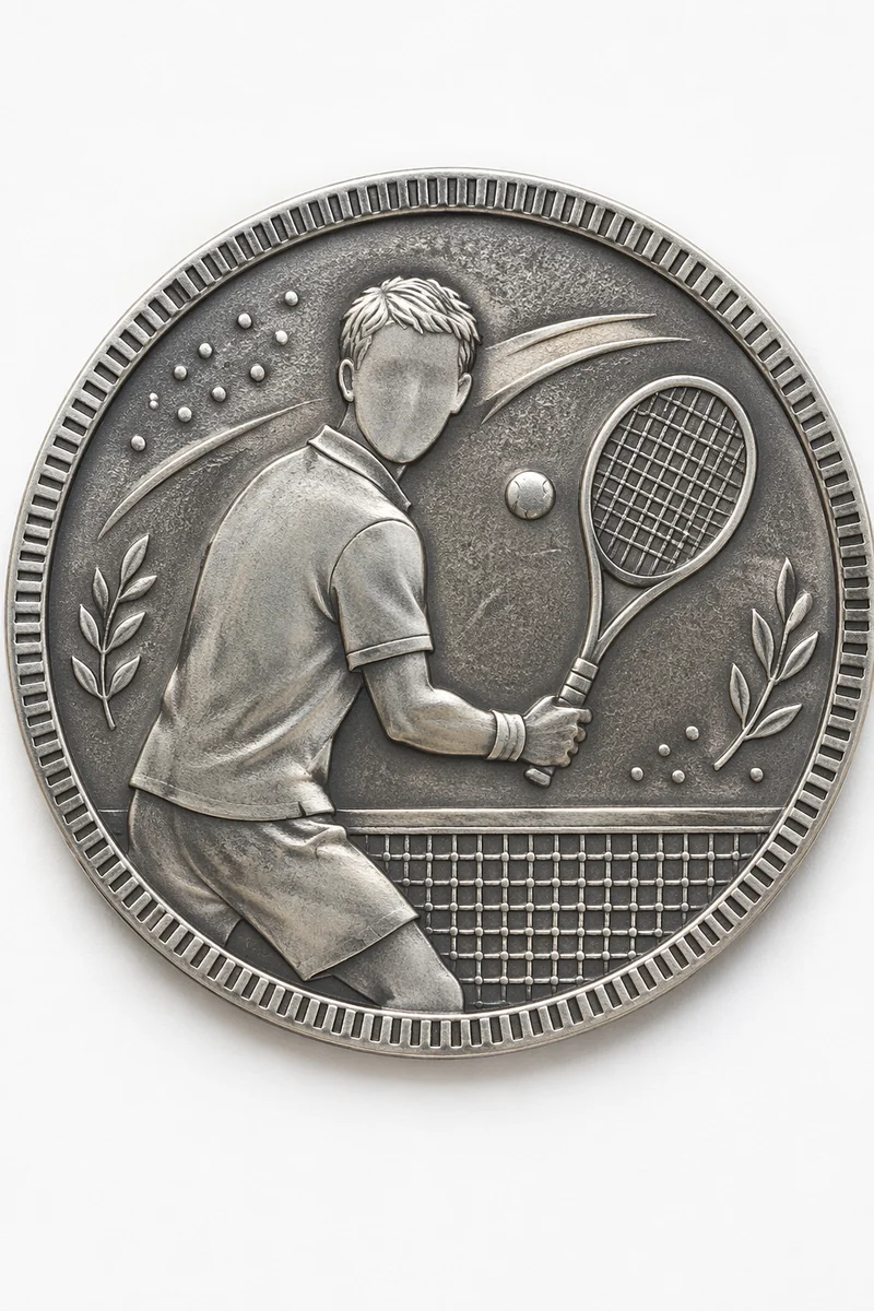 Silver Tennis Match Medallion on White