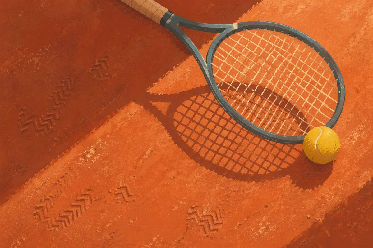 Tennis Racket and Ball on Clay Court
