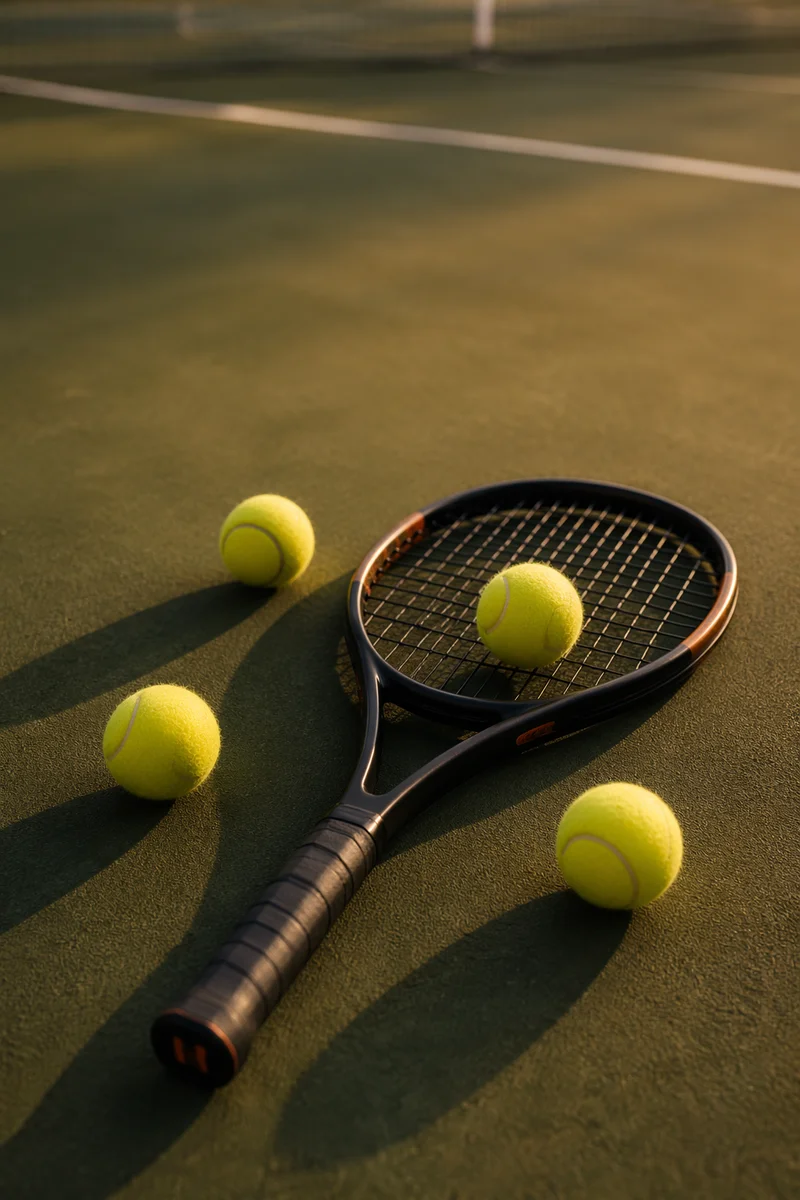 Tennis Racket and Balls on Court