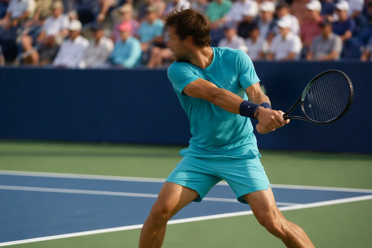 Tennis Player Mid Swing on Outdoor Court
