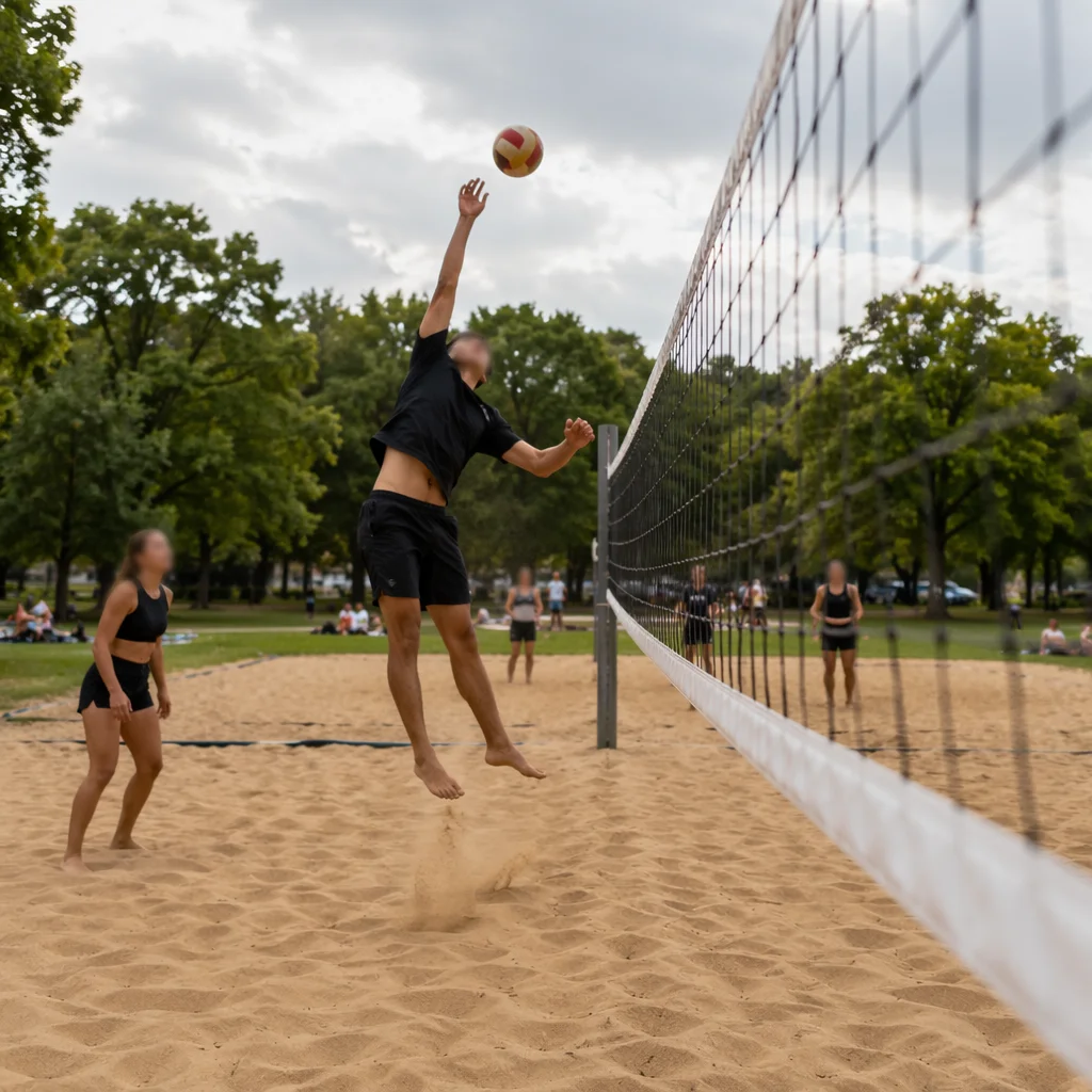 Summer Beach Volleyball Net Action Scene
