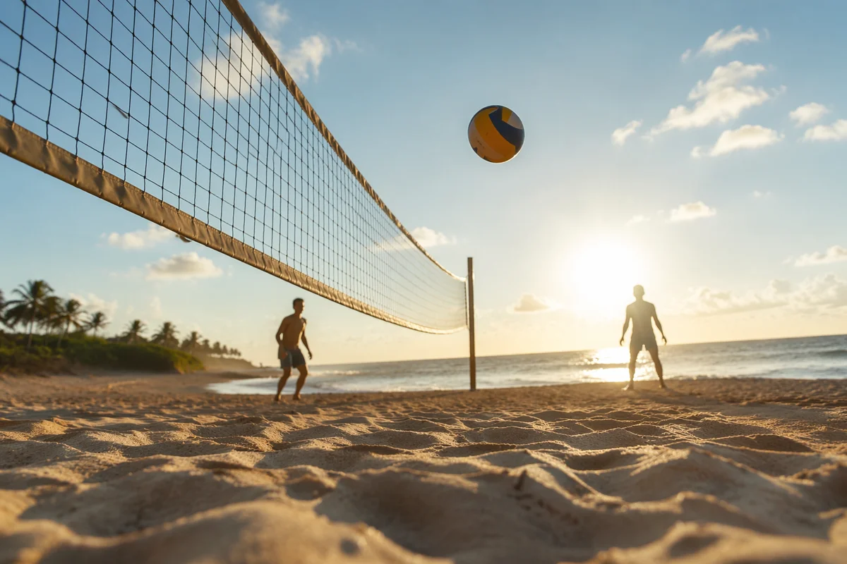 Sunlit Beach Volleyball Net at Sunset