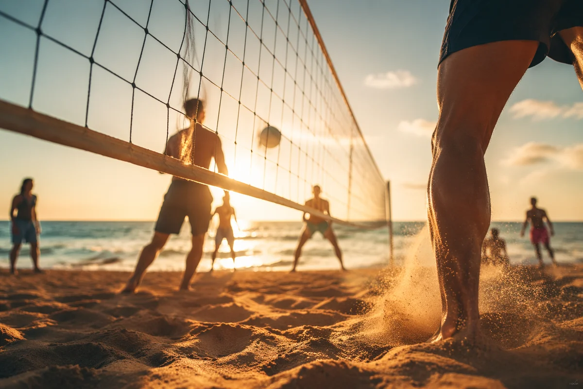 Golden Beach Volleyball Net at Sunset