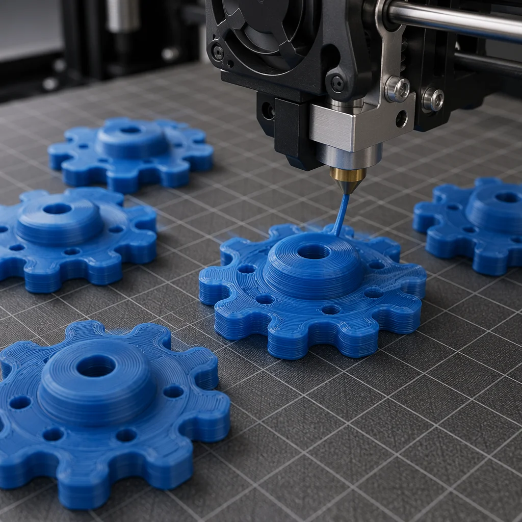 Blue 3D Printed Gears on Build Plate