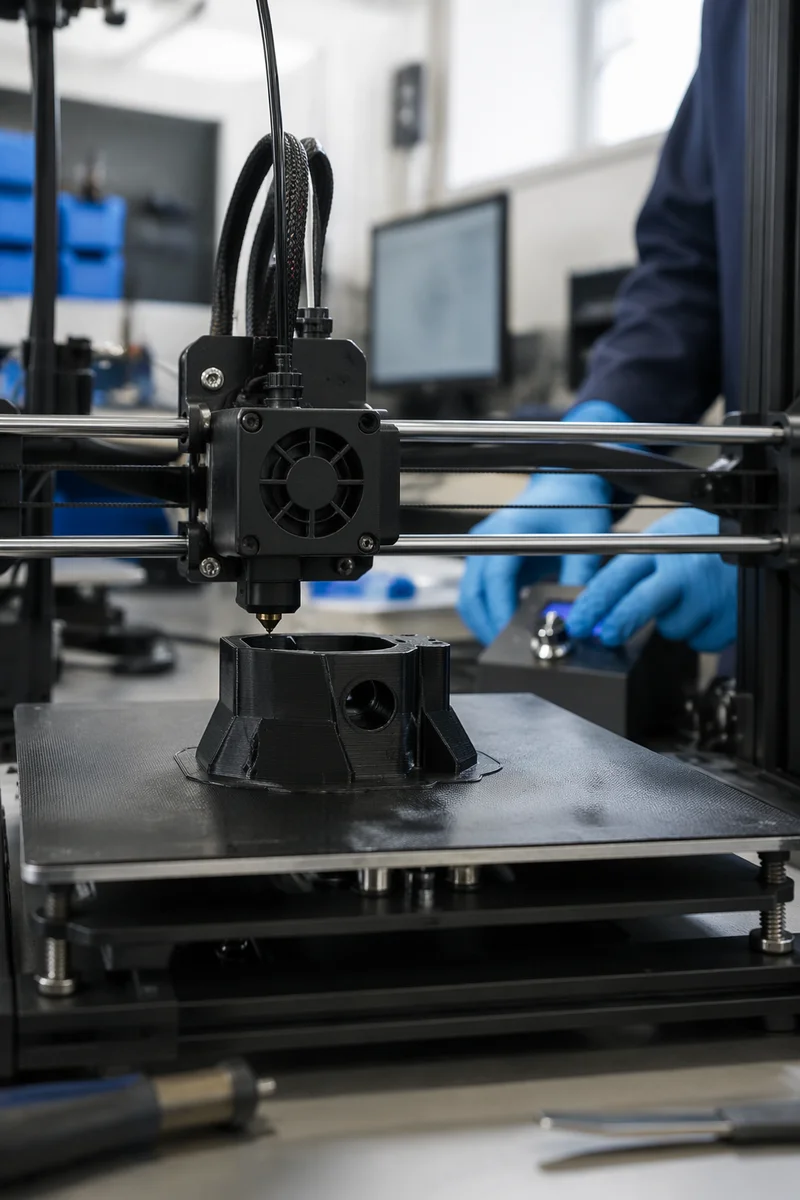 Photorealistic 3D Printer Building Black Prototype