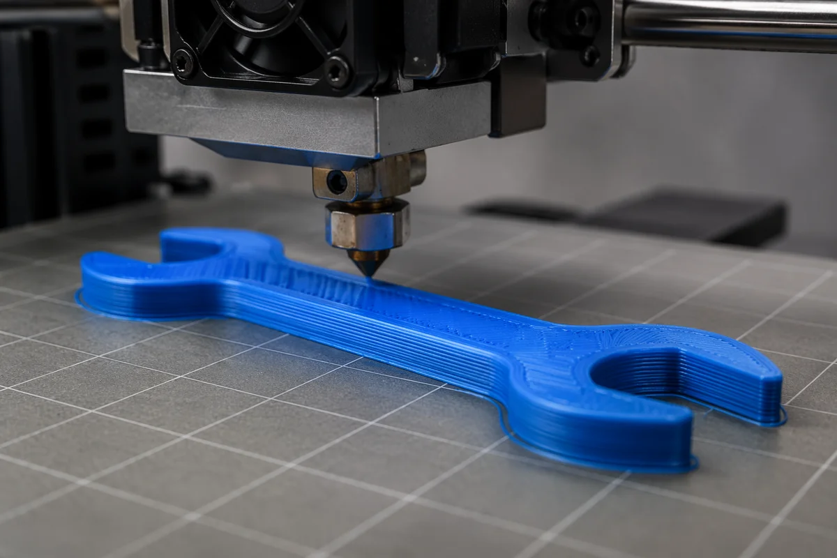 3D Printer Making Blue Wrench Prototype