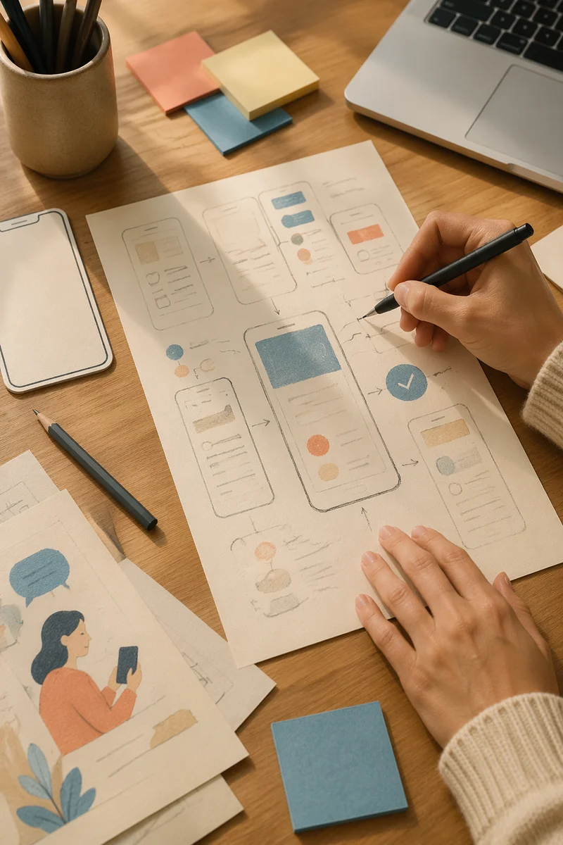 App Wireframe Planning on Oak Desk