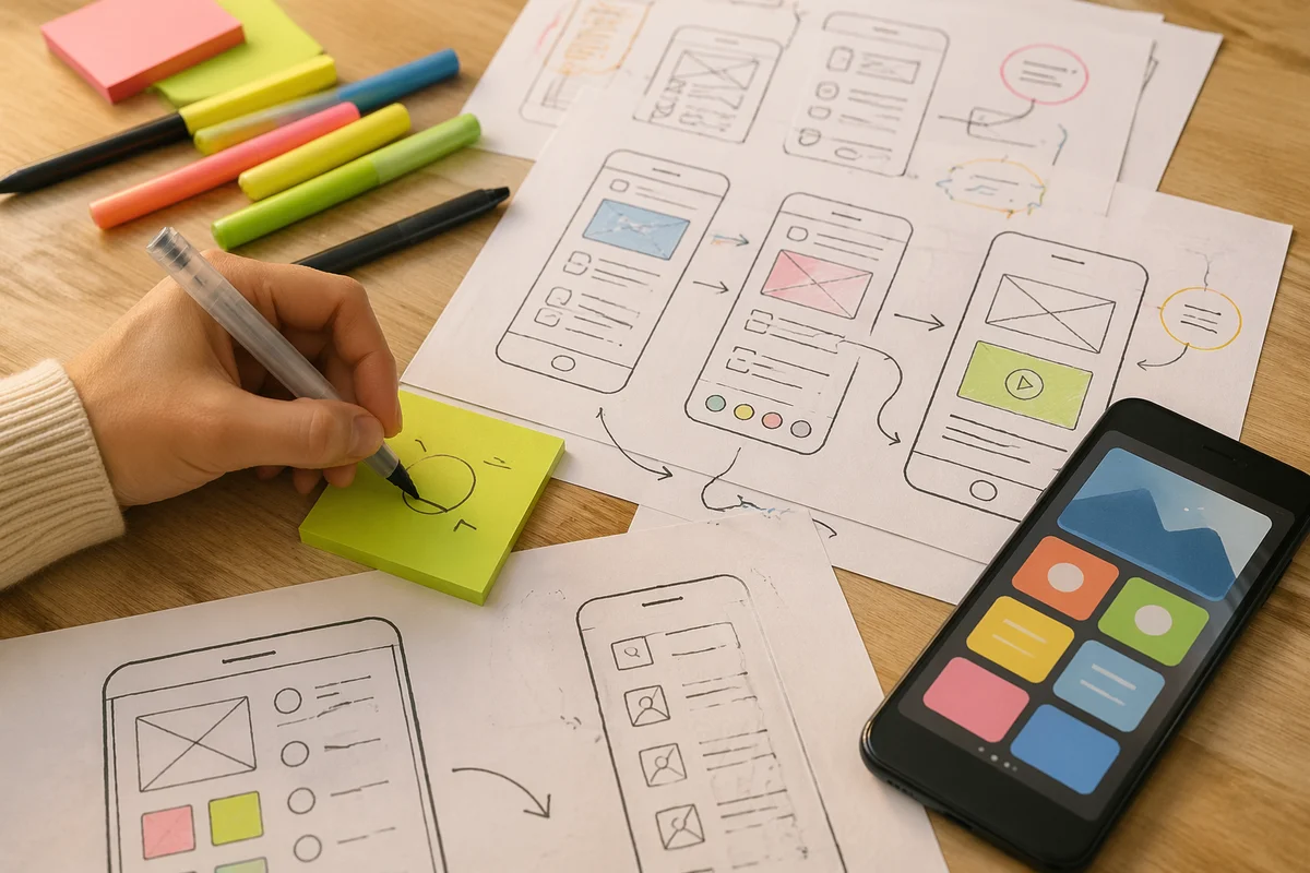 App Wireframe Sketches on Creative Desk