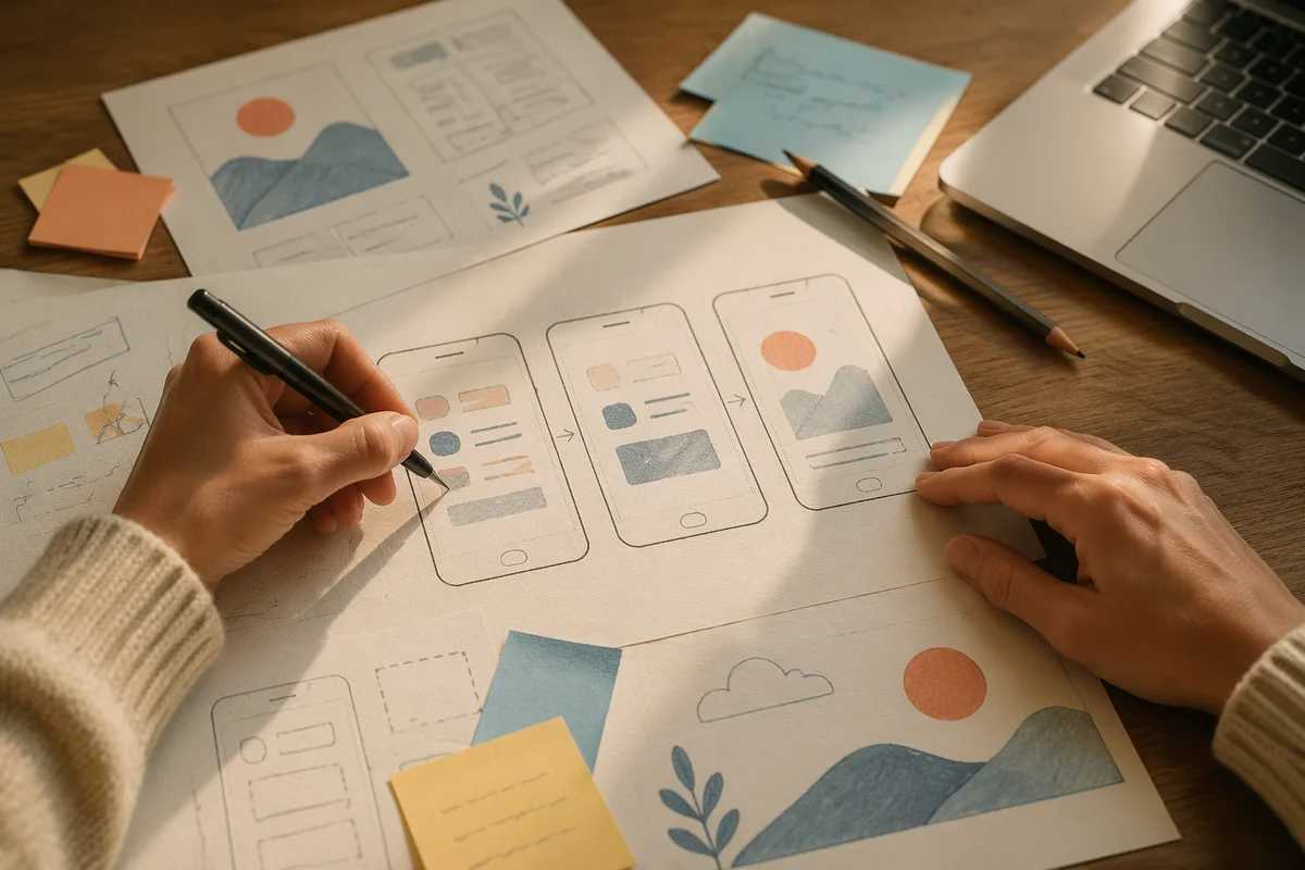 App Wireframe Planning on Oak Desk