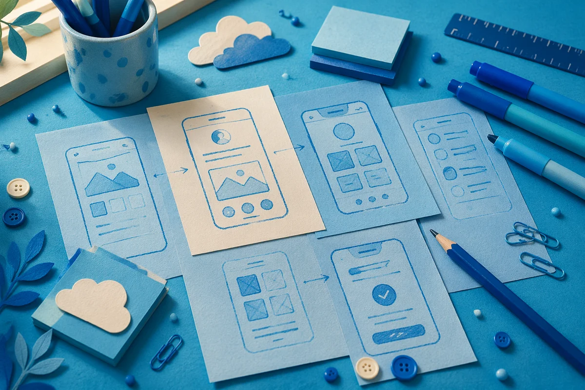App Wireframe Sketches on Blue Desk