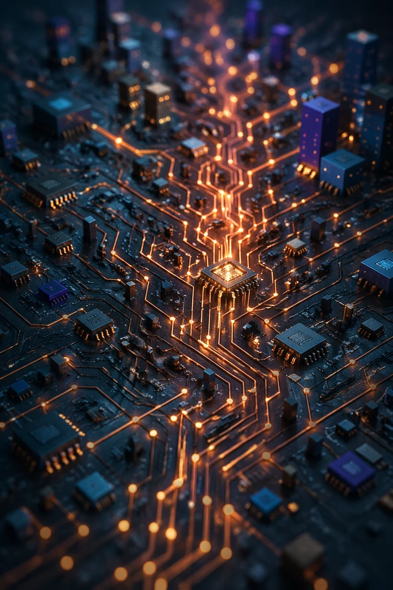 Glowing AI Circuit Pathway in Indigo