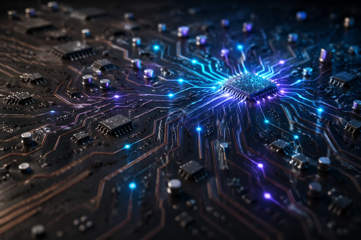 Glowing AI Circuit Board Macro Background