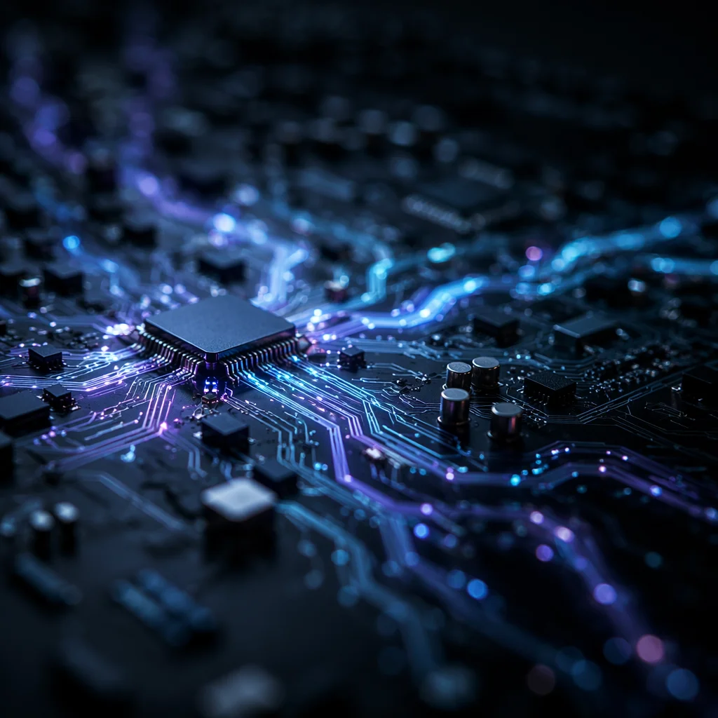 Glowing AI Circuit Board Macro Background