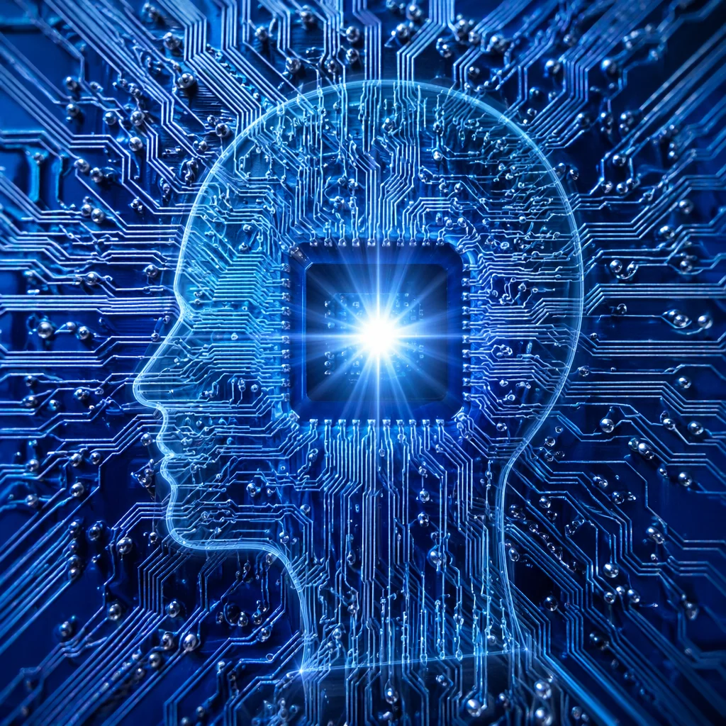 Glowing AI Circuit Board Human Silhouette