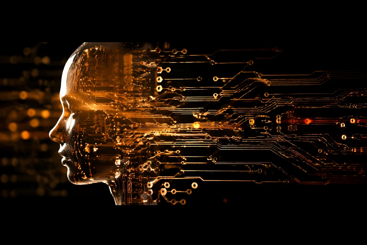 AI Circuit Silhouette with Golden Data Glow