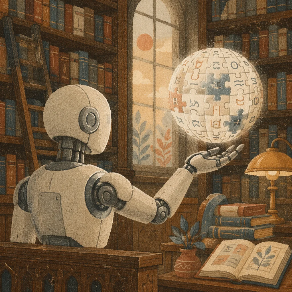 Humanoid Robot Balancing Puzzle Globe in Library
