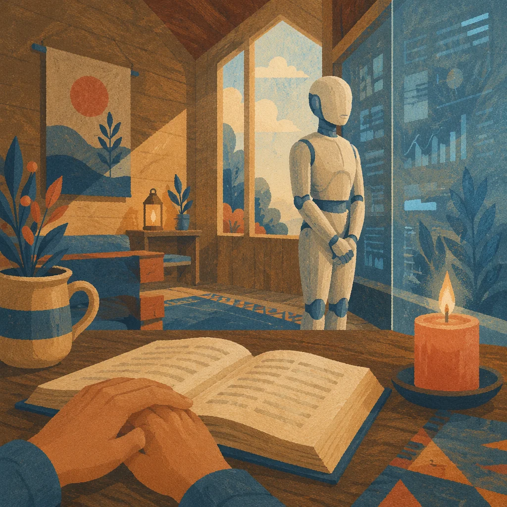 Humanoid Robot in Contemplative Chapel Tech Room