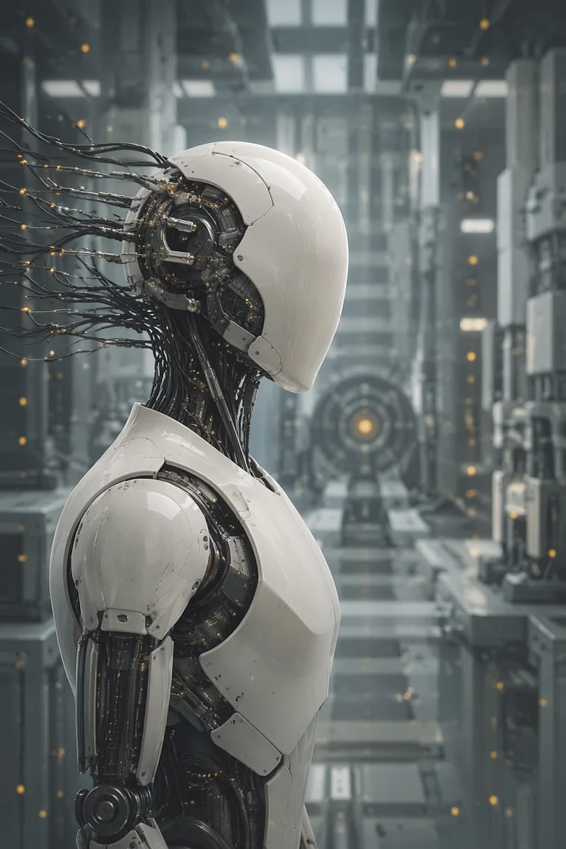 Futuristic AI Robot in Research Corridor
