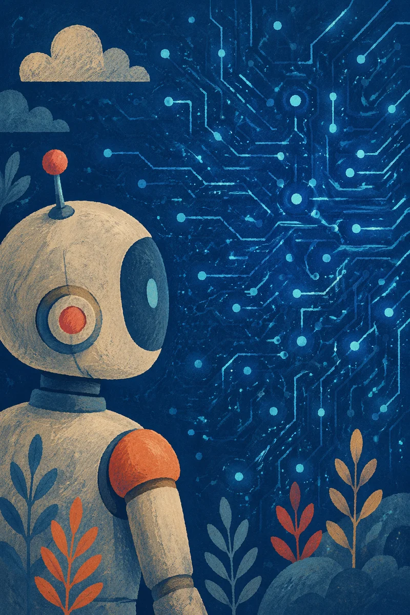 Translucent AI Robot Facing Digital Circuitry