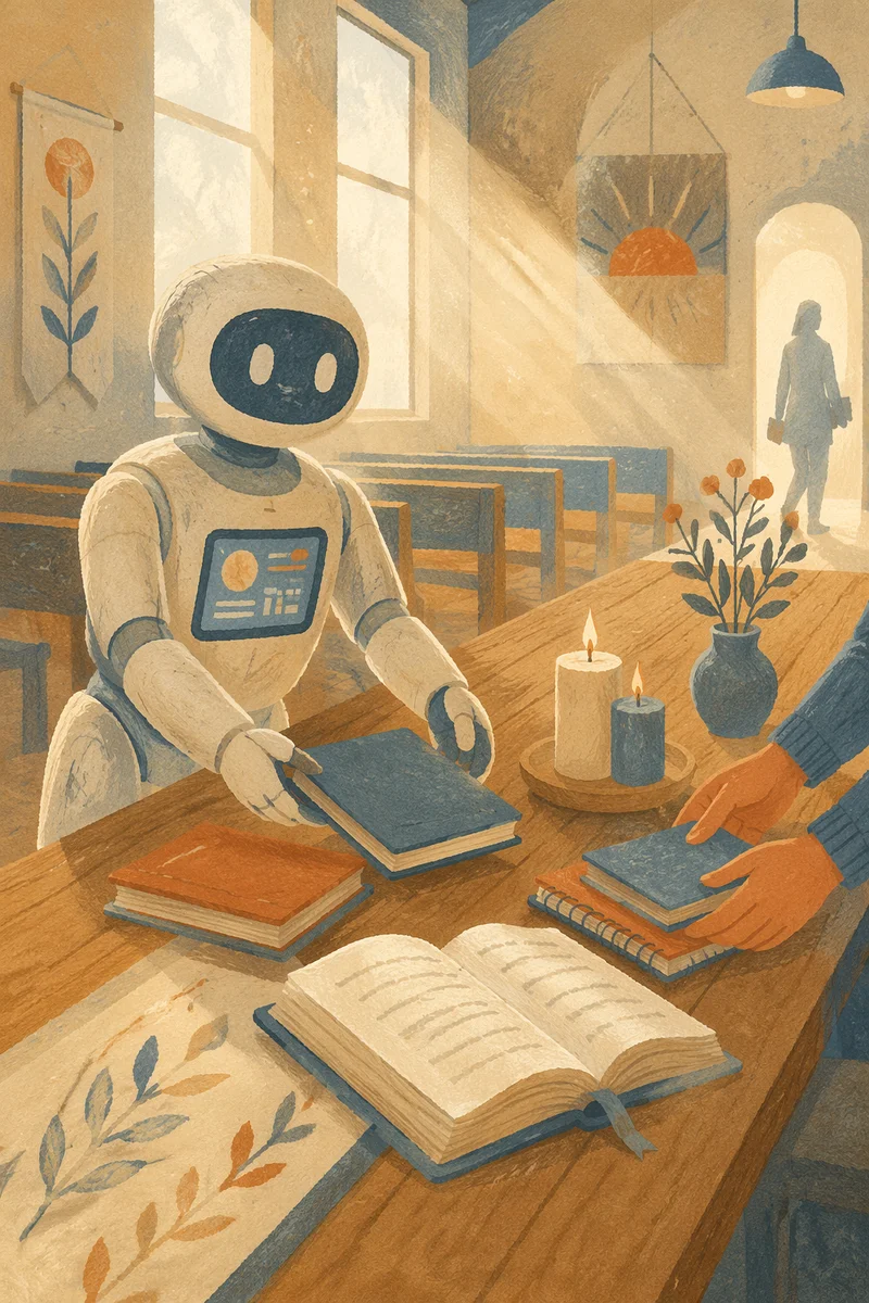 AI Robot in Sunlit Fellowship Hall