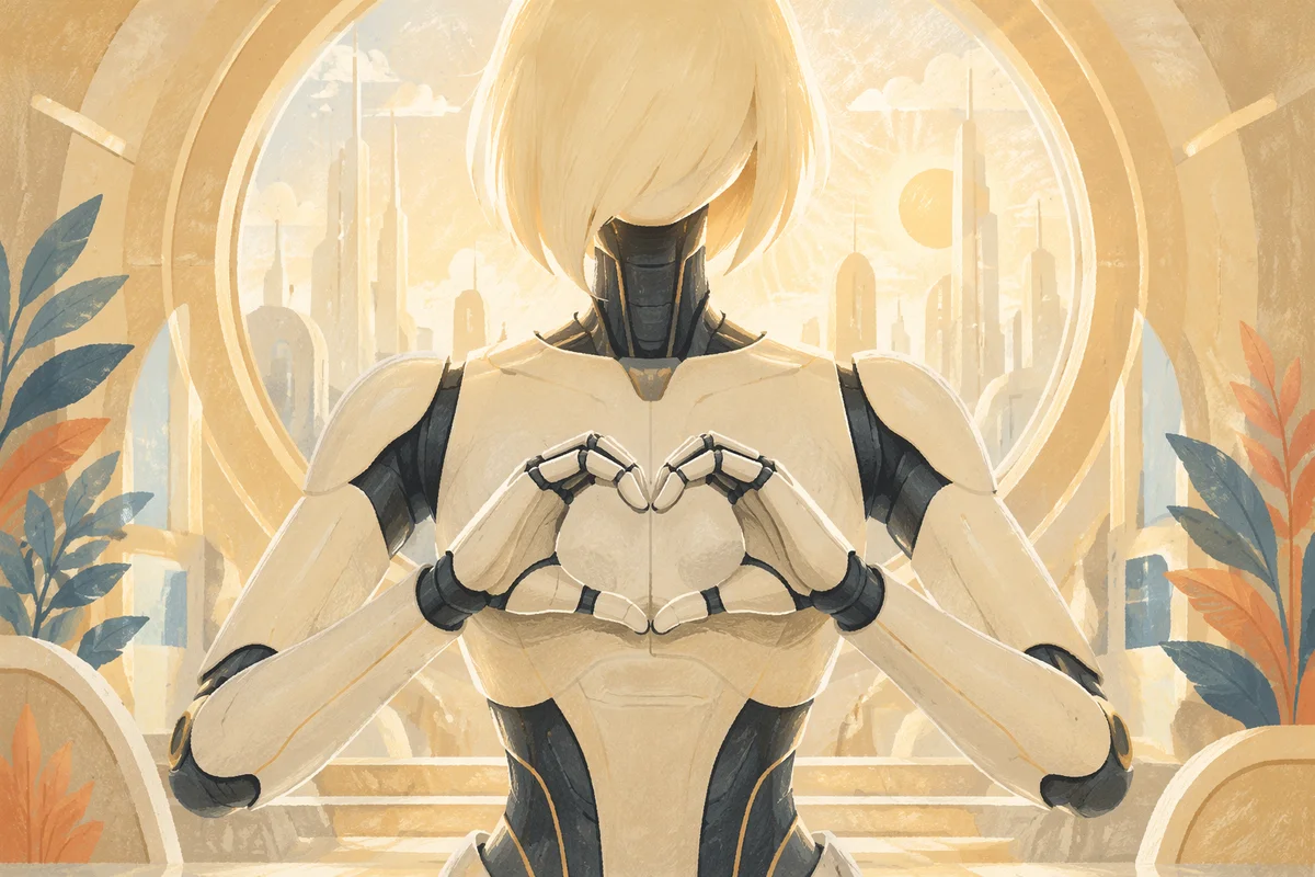Humanoid AI Robot Forming Heart in Futuristic Atrium