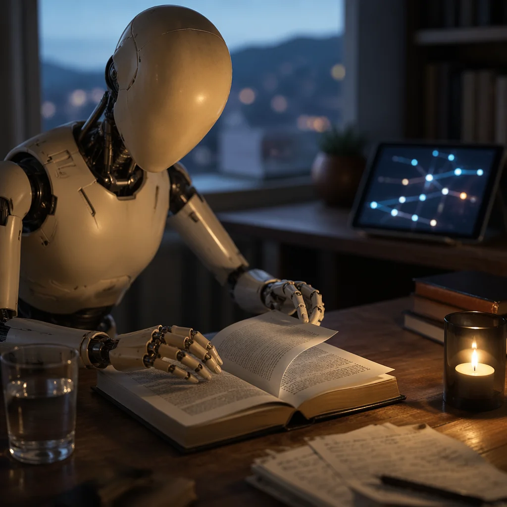 Humanoid Robot Reading Book at Dawn