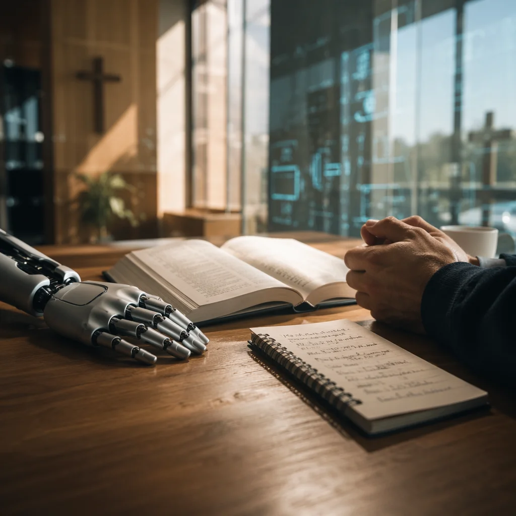 Robot and Human Hands Beside Open Book