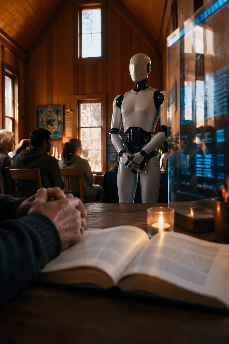 Humanoid Robot in Contemplative Chapel Tech Room