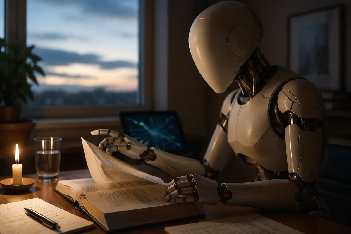 Humanoid Robot Reading Book at Dawn