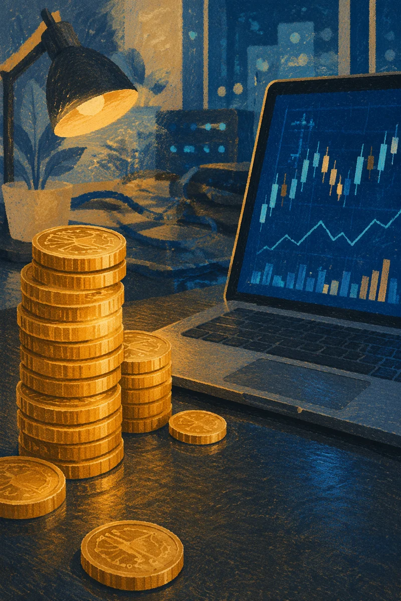Golden Cryptocurrency Coins on Modern Desk