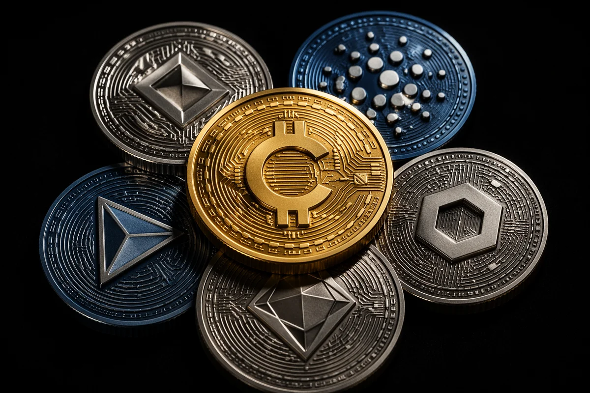 Golden Cryptocurrency Coins on Black Background
