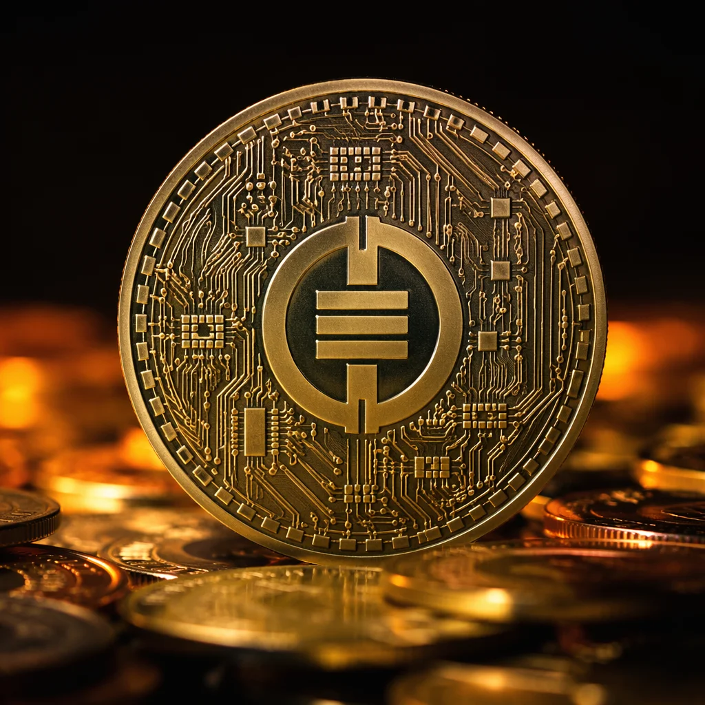 Golden Cryptocurrency Coin on Dark Reflective Surface