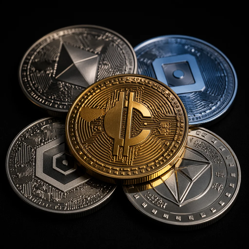 Golden Cryptocurrency Coins on Black Background