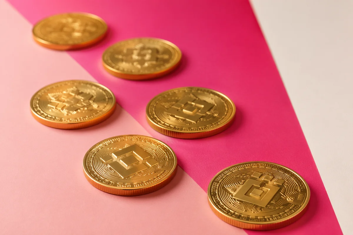 Golden Cryptocurrency Tokens on Pink Tabletop