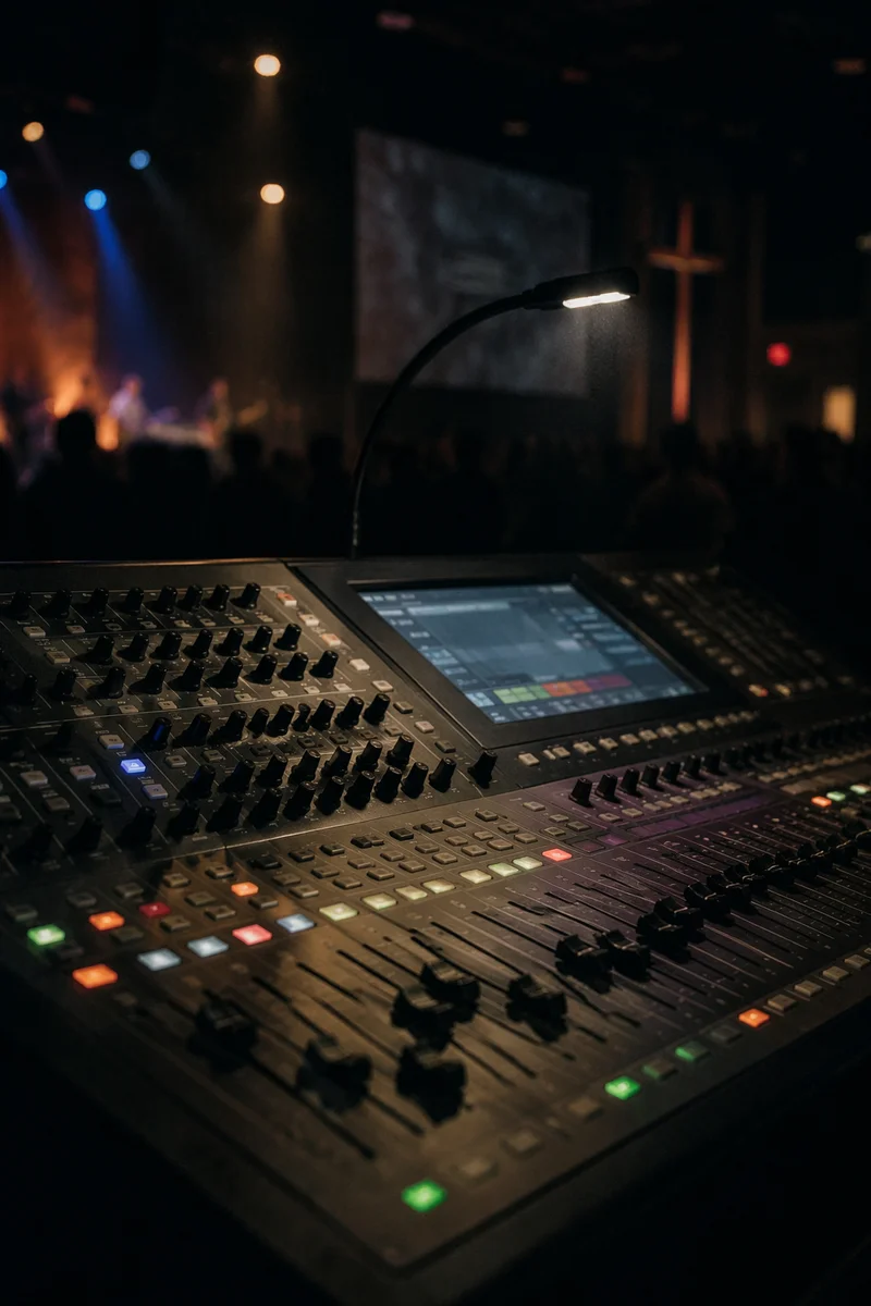 Digital Audio Mixing Console in Dim Auditorium