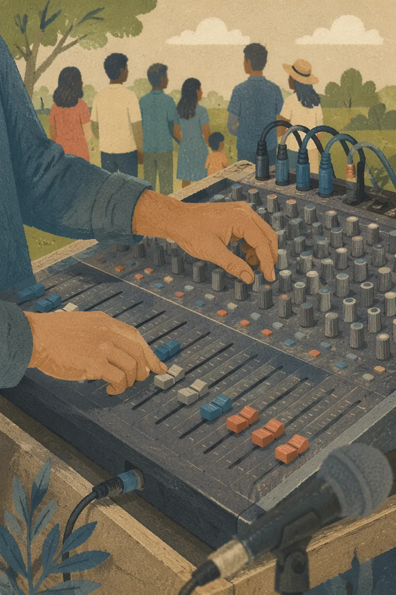 Hands Adjusting Outdoor Sound Mixing Console