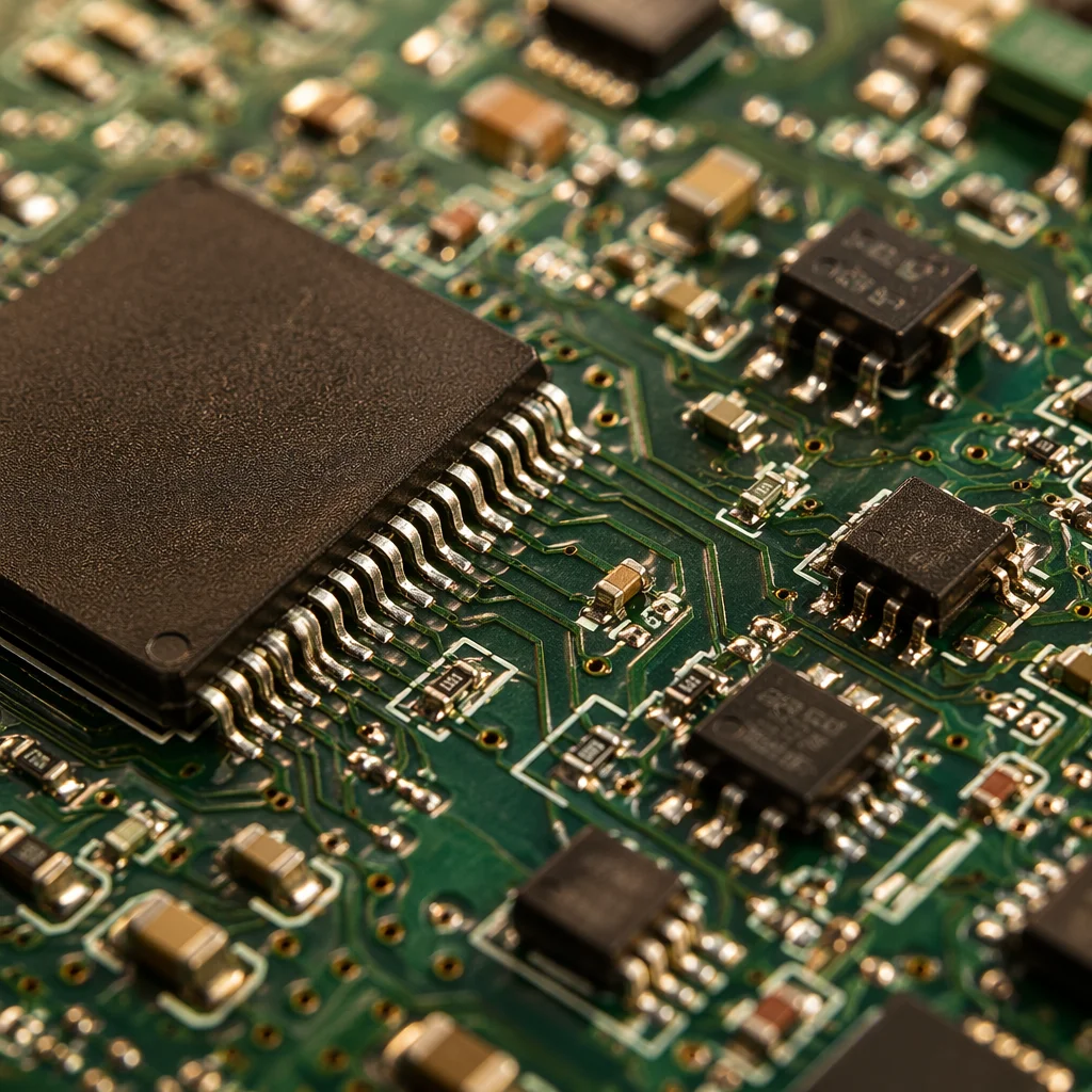 Macro Circuit Board with Golden Lighting