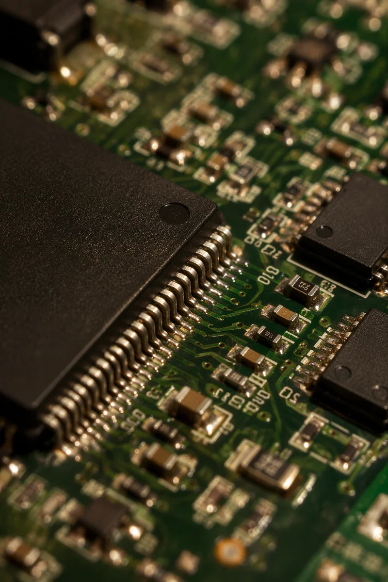 Macro Green Circuit Board with Microchips