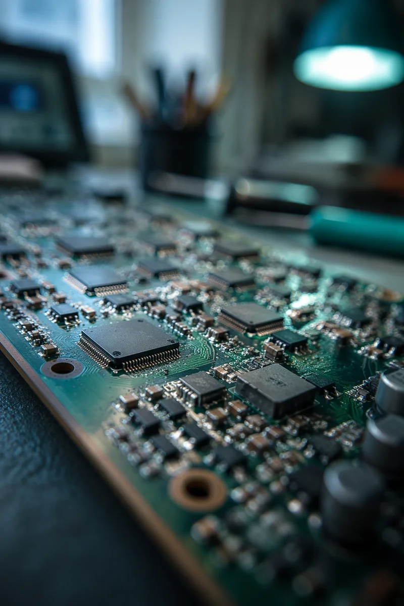 Macro Circuit Board with Teal Glow