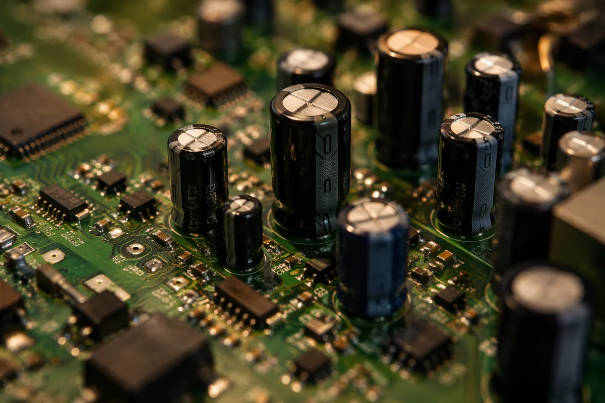 Macro Circuit Board with Capacitor Cityscape