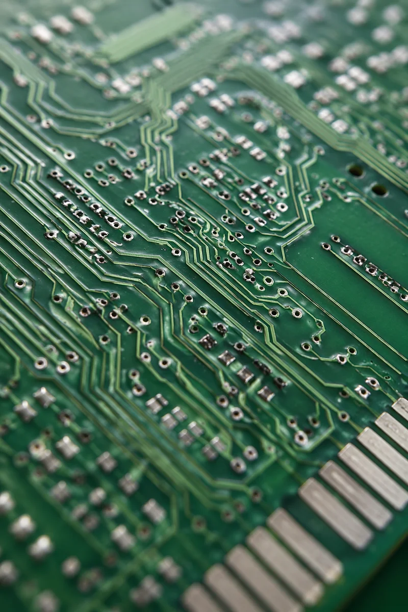 Green Circuit Board Macro With Silver Solder