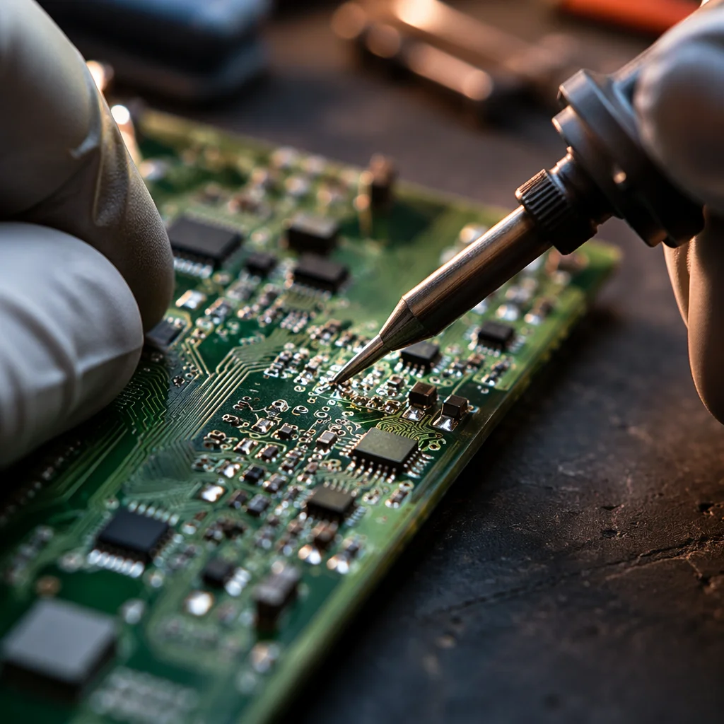 Macro Soldering on Green Circuit Board