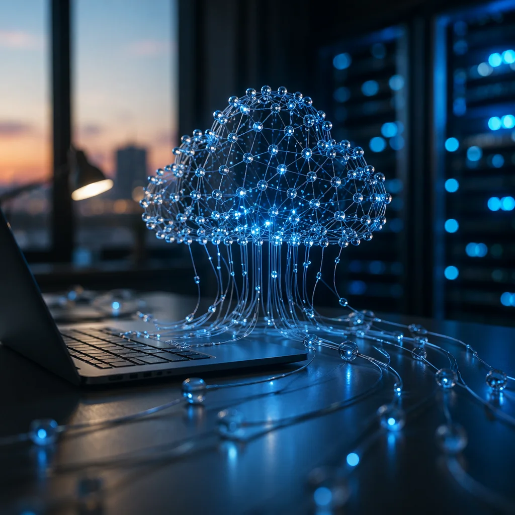 Abstract Cloud Computing Network Above Laptop