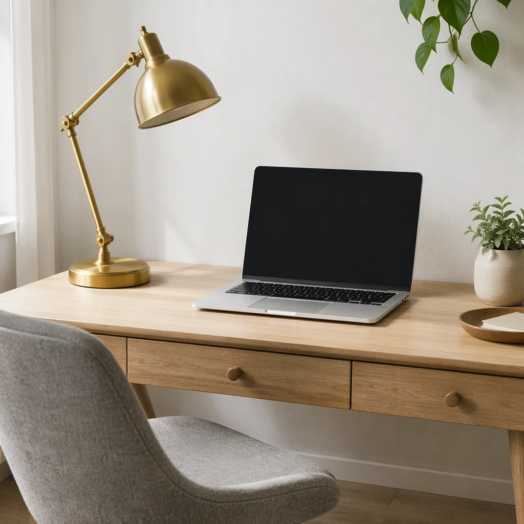 Modern Laptop Workspace with Brass Lamp